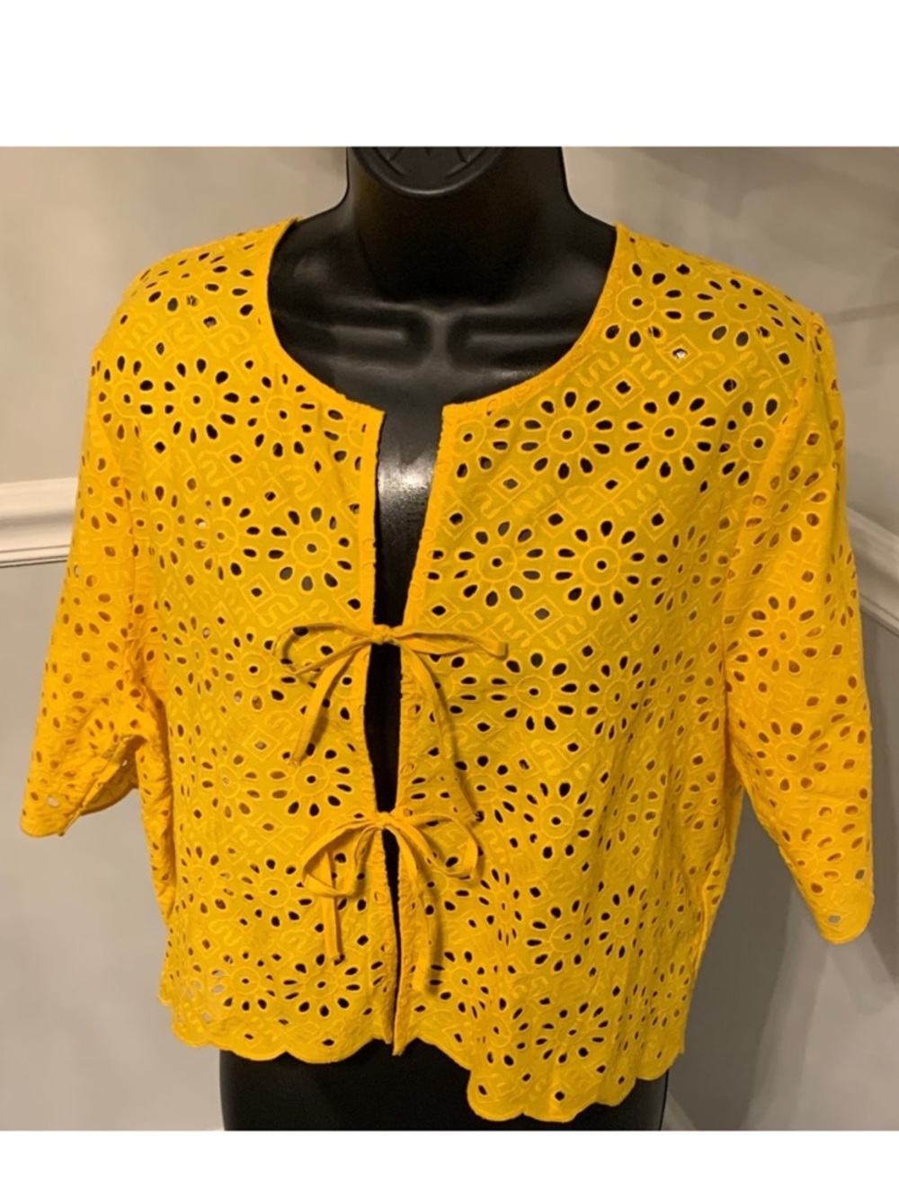 Joie Yellow Eyelet Tie Front Blouse boho lace ochre top shirt mustard